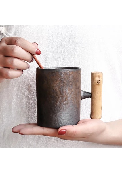 Ordu Yeşil Japon Tarzı Vintage Seramik Kahve Kupa Bardak Pas Sır Çay Süt Bira Kupa Ahşap Saplı Su Bardağı Ev Ofis Drinkware (Yurt Dışından)