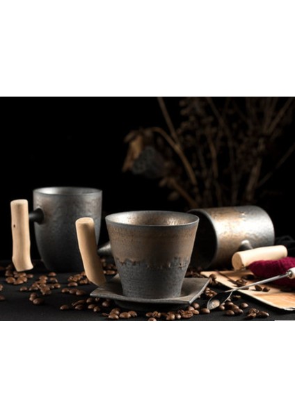 Ordu Yeşil Japon Tarzı Vintage Seramik Kahve Kupa Bardak Pas Sır Çay Süt Bira Kupa Ahşap Saplı Su Bardağı Ev Ofis Drinkware (Yurt Dışından)