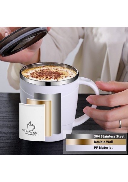 Beyaz 500 ml 304 Paslanmaz Çelik Kahve Fincanı Kapaklı Kupa Yalıtımlı Kahve Kupa Çift Duvar Kahve Tumbler Saplı Isıya Dayanıklı Drinkware (Yurt Dışından)