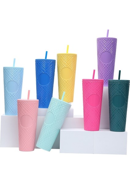 05 710 ml Elmas Radyant Kahve Kapaklı Fincan ve Saman Su Kupa Bardak Bardak Çift Katmanlı Plastik Kahve Kupa Büyük Kapasiteli (Yurt Dışından)