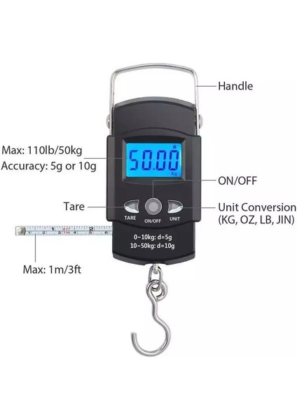 Stil C 50 KG/10G Taşınabilir LCD Elektronik El Ölçeği Seyahat Asılı Balık Pulu 100 cm Uzun Geri Çekilebilir Ölçüm Bandı (Yurt Dışından)