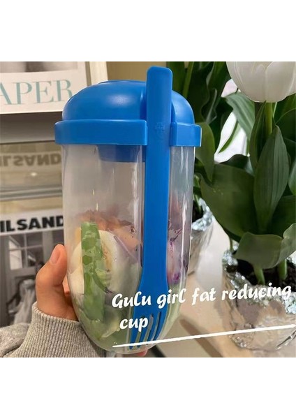 Mavi 1000ML Shaker Şişeleri Taze Meyve Kabı Taze Meyve Sebze Salatası Bardağı Moda Gıda Çalkalayıcı Pansuman Kabı Çatallı (Yurt Dışından)