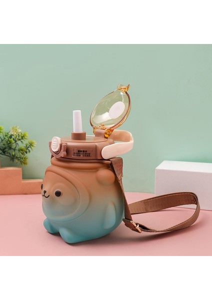 Degrade Kahverengi Mavi 1000 ml Çocuklar Için 1 Litre Su Şişesi Pipetli Bardak Kupa Bardak Ayı Kawaii Yaz Açık Spor Plastik Kız Okul Sevimli Içme Bardağı (Yurt Dışından)