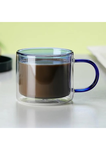 250 ml Mavi Renkli Cam Çift Alt Kulplu Kupa Ev Kahve Fincanı Kahvaltı Süt Yulaf Ezmesi Çift Duvar Anti-Haşlanma Güzel Çay Kupaları (Yurt Dışından)