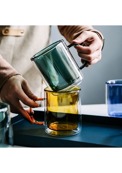 250 ml Mavi Renkli Cam Çift Alt Kulplu Kupa Ev Kahve Fincanı Kahvaltı Süt Yulaf Ezmesi Çift Duvar Anti-Haşlanma Güzel Çay Kupaları (Yurt Dışından) modelleri