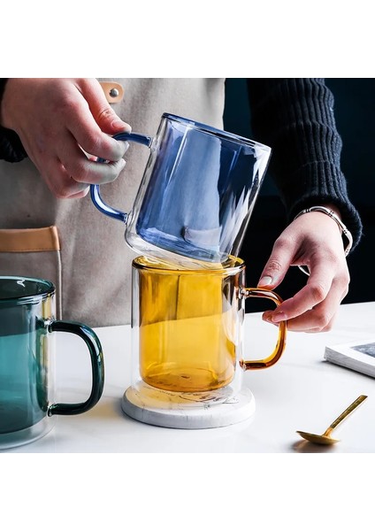 250 ml Mavi Renkli Cam Çift Alt Kulplu Kupa Ev Kahve Fincanı Kahvaltı Süt Yulaf Ezmesi Çift Duvar Anti-Haşlanma Güzel Çay Kupaları (Yurt Dışından) indirimleri