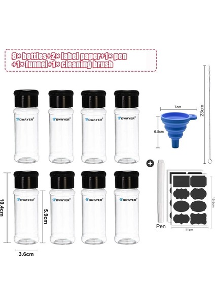 8 Adet 100 ml Baharat Baharat Kavanoz Şeffaf Çeşni Şişe Seti ve Etiket Barbekü Tuz Biber Tozu Çalkalayıcı Konteyner Mutfak Gadget (Yurt Dışından)