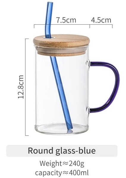 Mavi Yuvarlak 501-600ML 600ML/400ML Kare Yuvarlak Kapaklı ve Saman Kupa Tek Renkli Sap Katmanlı Yüksek Borosilikat Cam Buzlu Kahve Süt Kabarcık Çay (Yurt Dışından)
