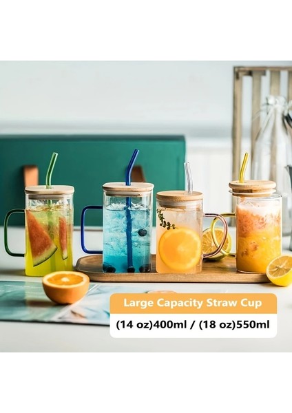 Mavi Yuvarlak 501-600ML 600ML/400ML Kare Yuvarlak Kapaklı ve Saman Kupa Tek Renkli Sap Katmanlı Yüksek Borosilikat Cam Buzlu Kahve Süt Kabarcık Çay (Yurt Dışından)