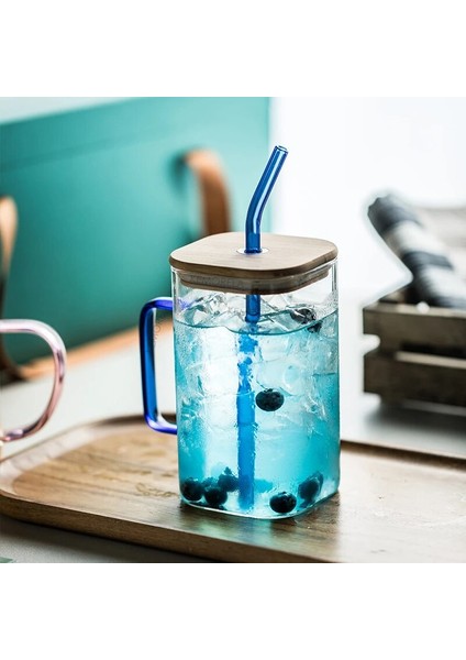 Mavi Yuvarlak 501-600ML 600ML/400ML Kare Yuvarlak Kapaklı ve Saman Kupa Tek Renkli Sap Katmanlı Yüksek Borosilikat Cam Buzlu Kahve Süt Kabarcık Çay (Yurt Dışından)