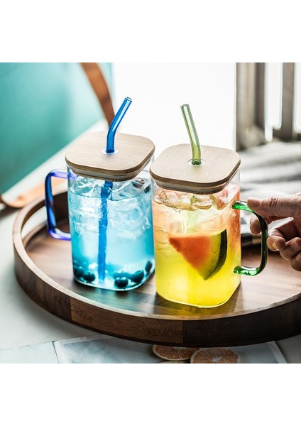 Mavi Yuvarlak 501-600ML 600ML/400ML Kare Yuvarlak Kapaklı ve Saman Kupa Tek Renkli Sap Katmanlı Yüksek Borosilikat Cam Buzlu Kahve Süt Kabarcık Çay (Yurt Dışından)