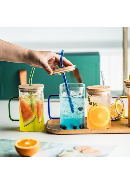 Mavi Yuvarlak 501-600ML 600ML/400ML Kare Yuvarlak Kapaklı ve Saman Kupa Tek Renkli Sap Katmanlı Yüksek Borosilikat Cam Buzlu Kahve Süt Kabarcık Çay (Yurt Dışından)