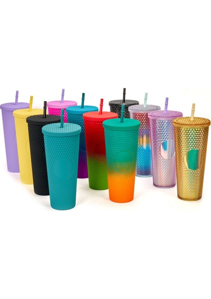 Mat Siyah 710ML Çift Duvar Dıy 710ML 24OZ Pastel Renkli Plastik Durian Bardak Durian Pipetli ve Kapaklı Bardak Logosuz Kapaklı ve Pipetli Bardak (Yurt Dışından)