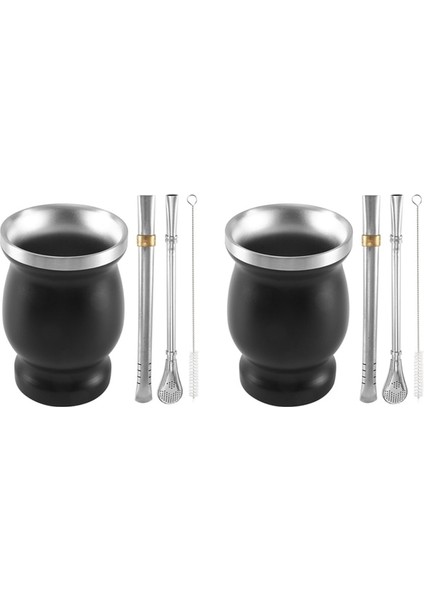 Siyah 2x Çift Duvar Paslanmaz Yerba Mate Kabak Çay Bardağı Seti Su Bardağı 2 Bombillas Payet Kaşık ve Temiz Fırça 8 Oz Siyah (Yurt Dışından)