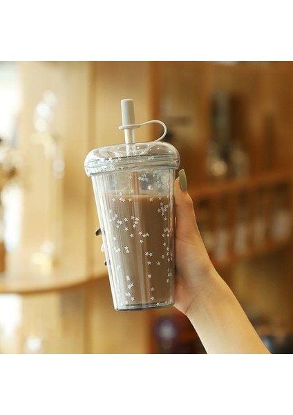 Gri 520ML 420ML Ins Kabarcık Çay Bardağı Glitter Su Şişesi Çift Katmanlı Taşınabilir Samanlı Bardak Plastik Kahve Kapaklı Fincan Sızdırmaz Bardak (Yurt Dışından)