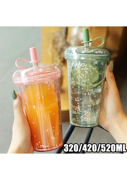 Gri 520ML 420ML Ins Kabarcık Çay Bardağı Glitter Su Şişesi Çift Katmanlı Taşınabilir Samanlı Bardak Plastik Kahve Kapaklı Fincan Sızdırmaz Bardak (Yurt Dışından)