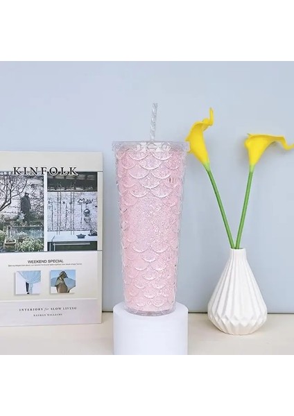 Balık Pulu Bardak 9 710ML 710ML/24OZ Balık Pulu Soğuk Bardak Çift Katmanlı Su Şişeleri Plastik Pipetli Bardak Yeniden Kullanılabilir Kahve Suyu Pipetli Kupa Bardak Noel Hediyeleri (Yurt Dışından)
