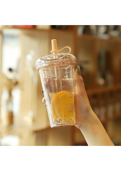 Haki 520ML 420ML Ins Kabarcık Çay Bardağı Glitter Su Şişesi Çift Katmanlı Taşınabilir Samanlı Bardak Plastik Kahve Kapaklı Fincan Sızdırmaz Bardak (Yurt Dışından)