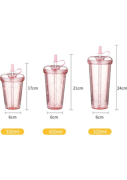 Haki 520ML 420ML Ins Kabarcık Çay Bardağı Glitter Su Şişesi Çift Katmanlı Taşınabilir Samanlı Bardak Plastik Kahve Kapaklı Fincan Sızdırmaz Bardak (Yurt Dışından)