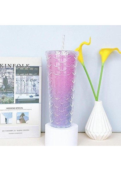 Balık Pulu Bardak 6 710ML 710ML/24OZ Balık Pulu Soğuk Bardak Çift Katmanlı Su Şişeleri Plastik Pipetli Bardak Yeniden Kullanılabilir Kahve Suyu Pipetli Kupa Bardak Noel Hediyeleri (Yurt Dışından)