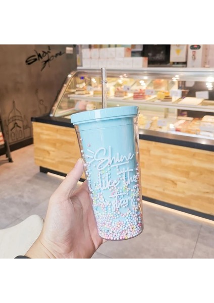 5AC704325-01 F63A 550 ml Yaratıcı Gökkuşağı Plastik Su Şişesi Çift Katmanlı Parlak Bataklık Payetler Kawaii Pipetli Bardak Kapaklı Kahve (Yurt Dışından)