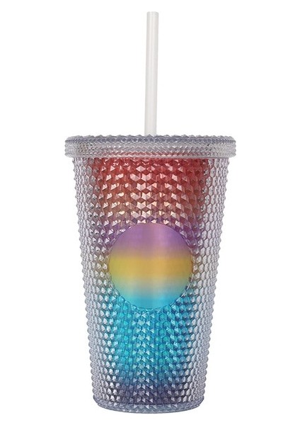 Lazer Gökkuşağı 480ML 16OZ 480MLÇIVILI Bardak Kahve Fincanı Yaz Soğuk Su Şişesi Çift Duvar Plastik Durian Elmas Pipetli Bardak Sevimli Su Şişesi (Yurt Dışından)