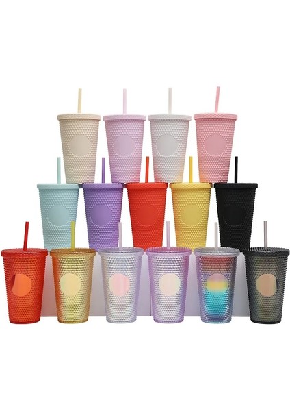 Lazer Gökkuşağı 480ML 16OZ 480MLÇIVILI Bardak Kahve Fincanı Yaz Soğuk Su Şişesi Çift Duvar Plastik Durian Elmas Pipetli Bardak Sevimli Su Şişesi (Yurt Dışından)