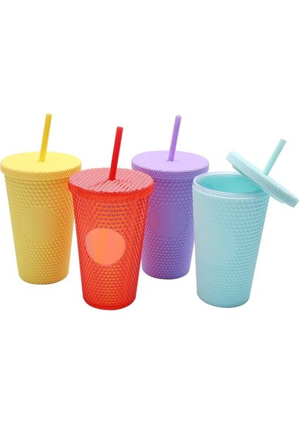 Lazer Gökkuşağı 480ML 16OZ 480MLÇIVILI Bardak Kahve Fincanı Yaz Soğuk Su Şişesi Çift Duvar Plastik Durian Elmas Pipetli Bardak Sevimli Su Şişesi (Yurt Dışından)