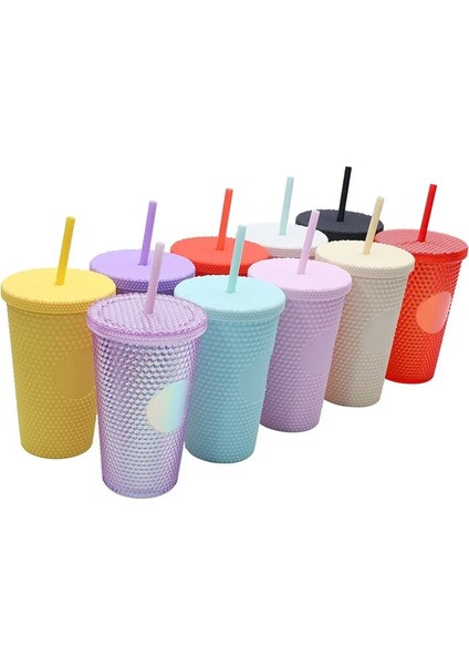 Lazer Gökkuşağı 480ML 16OZ 480MLÇIVILI Bardak Kahve Fincanı Yaz Soğuk Su Şişesi Çift Duvar Plastik Durian Elmas Pipetli Bardak Sevimli Su Şişesi (Yurt Dışından)