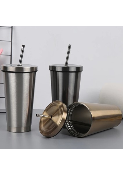 E 500 ml Paslanmaz Çelik Samanlı Bardak Termos Içme Fincan Kahve Süt Su Şişesi Yeniden Kullanılabilir Şişesi Metal Bardak Saman Seyahat Tipi Kupa (Yurt Dışından)