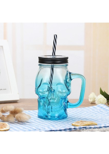 Mavi Kafatası Cam Mason Kavanoz Kupa Bardak Kapaklı ve Samanlı Kafatası Yüz Cam Geniş Ağız Mason Kavanoz Içme Gözlükleri Tek Kavanoz 16 Oz (Yurt Dışından)