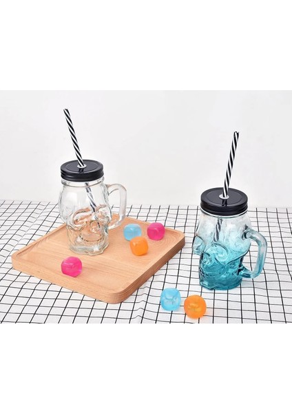 Mavi Kafatası Cam Mason Kavanoz Kupa Bardak Kapaklı ve Samanlı Kafatası Yüz Cam Geniş Ağız Mason Kavanoz Içme Gözlükleri Tek Kavanoz 16 Oz (Yurt Dışından)