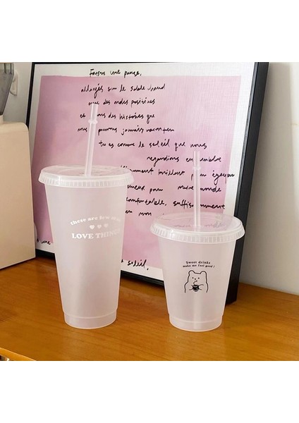 C 700ML Sevimli Su Şişesi Kahve Suyu Süt Çay Için Kawaii Plastik Soğuk Bardaklar Kapaklı Saman Taşınabilir Yeniden Kullanılabilir Içme Suyu Şişesi Bpa Içermez (Yurt Dışından)