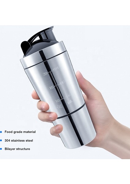Gümüş Yeni Tip Taşınabilir Spor Salonu Spor Protein Tozu Çalkalayıcı Su Şişesi Çift Duvar 304 Paslanmaz Çelik Araba Su Milkshake Bardak (Yurt Dışından) indirimleri