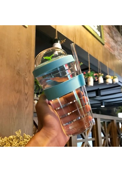 Mavi 360 ml Taşınabilir Plastik Fidan Kabarcık Çay Bardak Tumbler Yeniden Kullanılabilir Plastik Kahve Fincanı Sızdırmaz Meyve Suyu Fincan Çay Spor Bardak Saman ile (Yurt Dışından)