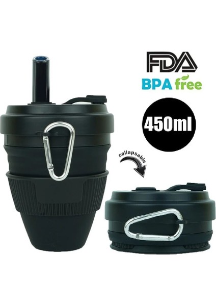 Whiteteal 450ML 16OZ 450ML Katlanır Silikon Bardak Kupalar Katlanabilir Silika Kahve Fincanı Saman Kapaklı Taşınabilir Silikon Teleskopik Içme Seyahat Siyah (Yurt Dışından) modelleri