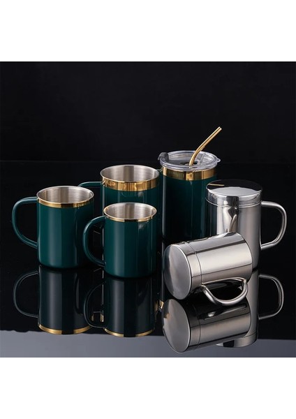 Gümüş 280ML Kapak J 200-500ML Çift Duvar Kahve Kapaklı Fincan 304 Paslanmaz Çelik Çift Alt Kupa Bira Kupa Çay Bardak Içme Bardakları Termal Kupa Su Kupa (Yurt Dışından)