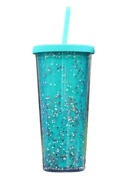Camgöbeği 24OZ/710ML Samanlı Su Bardağı Glitter Çift Duvar Dalgalı Kenar Düz Bardak Suyu Buzlu Kahve Fincanı Günlük Kullanım (Yurt Dışından)