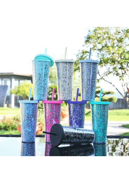 Camgöbeği 24OZ/710ML Samanlı Su Bardağı Glitter Çift Duvar Dalgalı Kenar Düz Bardak Suyu Buzlu Kahve Fincanı Günlük Kullanım (Yurt Dışından)