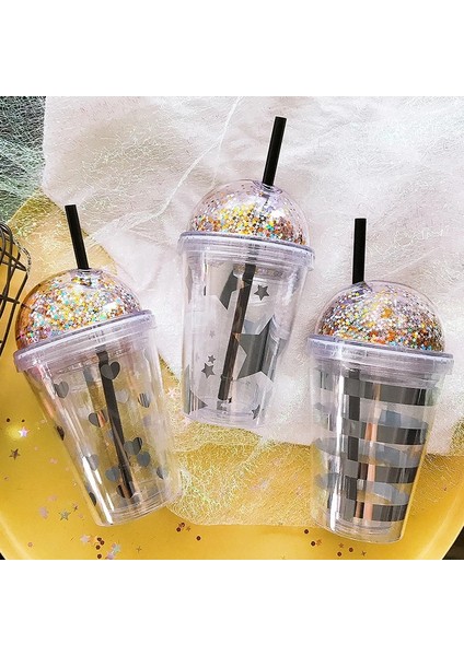 B 380 ml 380 ml Yaratıcı Glitter Yıldız Plastik Saman Su Bardağı Şerit Içme Kapaklı Şişe Çift Duvar Süt Kahve Kupa Öğrenci Hediye Için (Yurt Dışından)