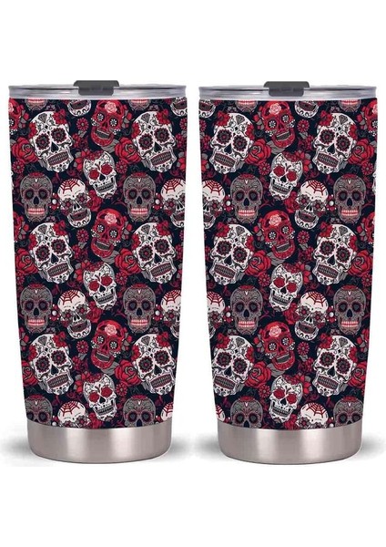 11 20 Oz Kafatası Çiçek Sanat Tumbler Kapaklı Bardak, Paslanmaz Çelik Çift Duvar Vakum Termos Yalıtımlı Seyahat Kahve Kupa Gençler Için Hediye (Yurt Dışından)