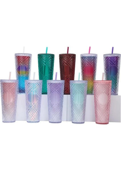 Stil 10 710ML 710ML Büyük Kapasiteli Kahve Fincanı Yaz Yeniden Kullanılabilir Elmas Tanrıça Kahve Fincanları Çift Katmanlı Plastik Saman Kapaklı Içecek Bardağı (Yurt Dışından)