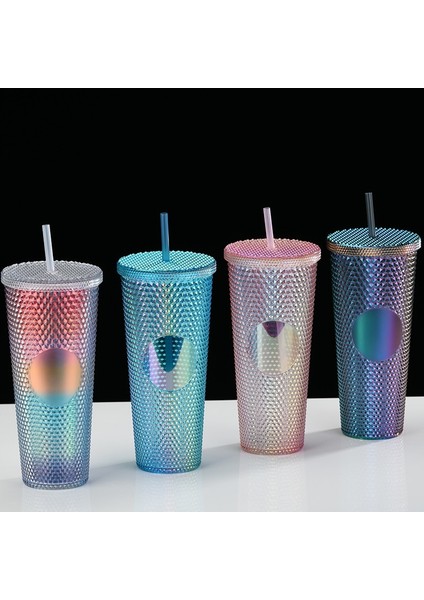 E Koyu Mor 710ML Soğuk Su Şişesi 710ML Caneca Çay Su Bardağı Plastik Kapaklı ve Pipetli Boba Kahve Kupa Elektroliz Durian Bardaklar Kabarcık Makarna (Yurt Dışından)