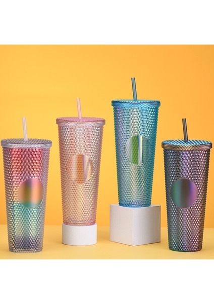 E Koyu Mor 710ML Soğuk Su Şişesi 710ML Caneca Çay Su Bardağı Plastik Kapaklı ve Pipetli Boba Kahve Kupa Elektroliz Durian Bardaklar Kabarcık Makarna (Yurt Dışından)
