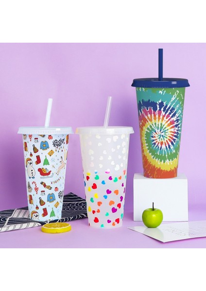 Love Cup (Siyah) 710ML 710ML Kapaklı Pipetli Bardaklar Soğuk Içildiğinde Yaratıcı Renk Değişikliği Su Şişesi Yeniden Kullanılabilir Plastik Bardak Taşınabilir Kahve Suyu Kupa (Yurt Dışından)