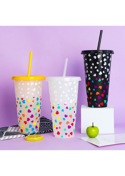 Love Cup (Siyah) 710ML 710ML Kapaklı Pipetli Bardaklar Soğuk Içildiğinde Yaratıcı Renk Değişikliği Su Şişesi Yeniden Kullanılabilir Plastik Bardak Taşınabilir Kahve Suyu Kupa (Yurt Dışından)