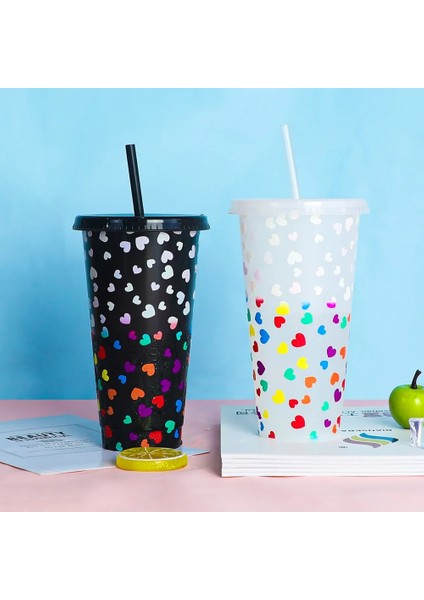 Love Cup (Siyah) 710ML 710ML Kapaklı Pipetli Bardaklar Soğuk Içildiğinde Yaratıcı Renk Değişikliği Su Şişesi Yeniden Kullanılabilir Plastik Bardak Taşınabilir Kahve Suyu Kupa (Yurt Dışından)