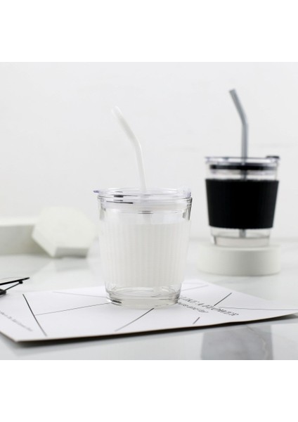 350ML 301-400ML 2022 Yeni 350 Dereceli Fincan Kahve Fincanı Yaratıcı Cam Su Bardağı Pipetli Bardak Şeffaf Kemer Kapağı Seyahat Tipi Fincan Silikon Kapak (Yurt Dışından)