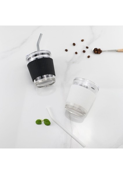 350ML 301-400ML 2022 Yeni 350 Dereceli Fincan Kahve Fincanı Yaratıcı Cam Su Bardağı Pipetli Bardak Şeffaf Kemer Kapağı Seyahat Tipi Fincan Silikon Kapak (Yurt Dışından)
