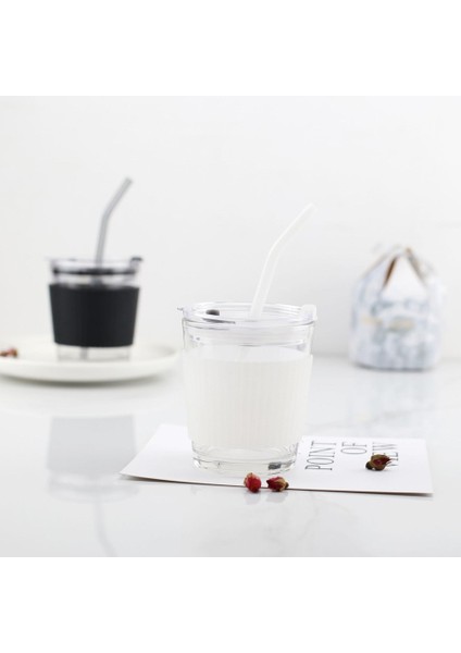 350ML 301-400ML 2022 Yeni 350 Dereceli Fincan Kahve Fincanı Yaratıcı Cam Su Bardağı Pipetli Bardak Şeffaf Kemer Kapağı Seyahat Tipi Fincan Silikon Kapak (Yurt Dışından)